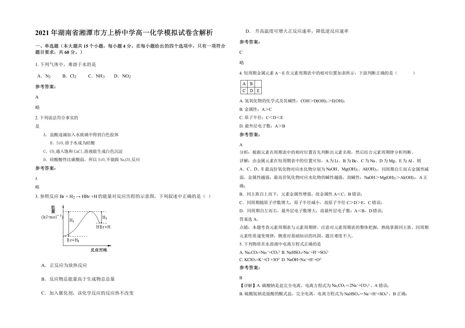 2021年湖南省湘潭市方上桥中学高一化学模拟试卷含解析