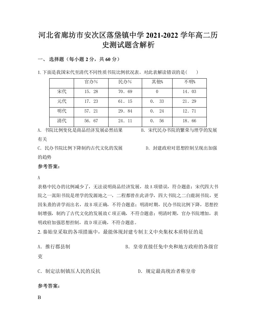 河北省廊坊市安次区落垡镇中学2021-2022学年高二历史测试题含解析