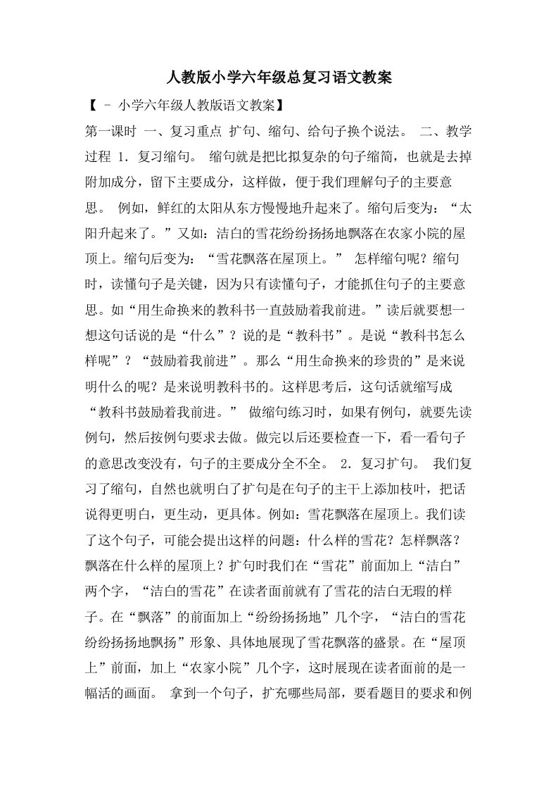 人教版小学六年级总复习语文教案