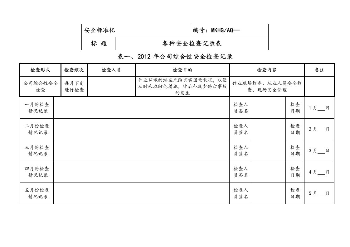 各种安全检查记录表(全面)