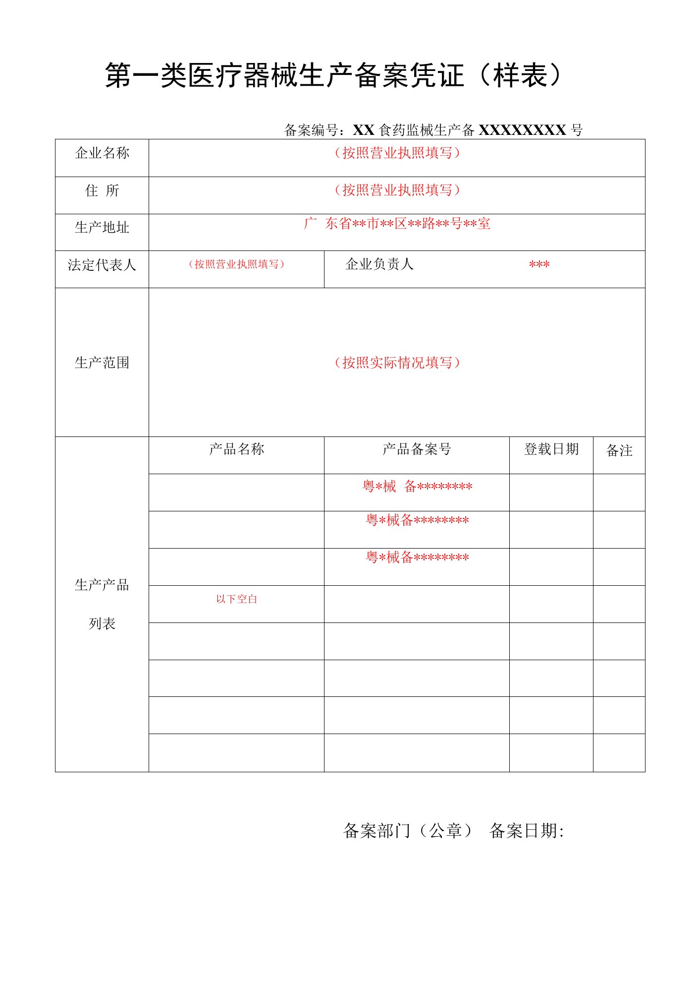 第一类医疗器械生产备案凭证样表