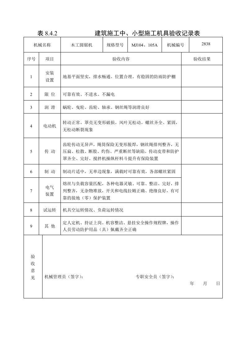 表8.4.2建筑施工中、小型施工机具验收记录表