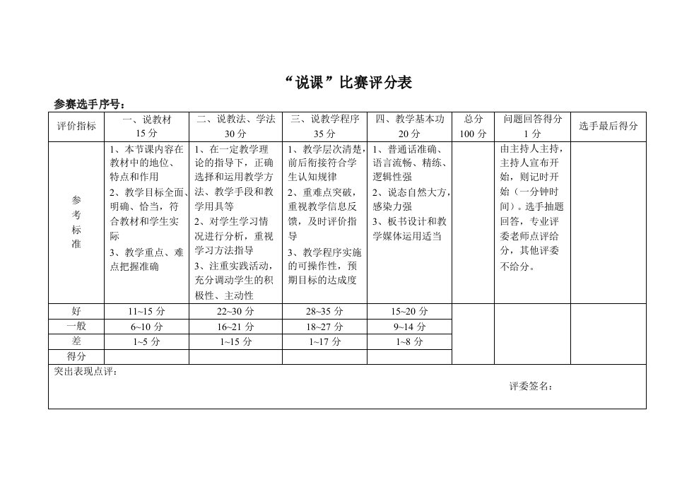 说课比赛评分标准表