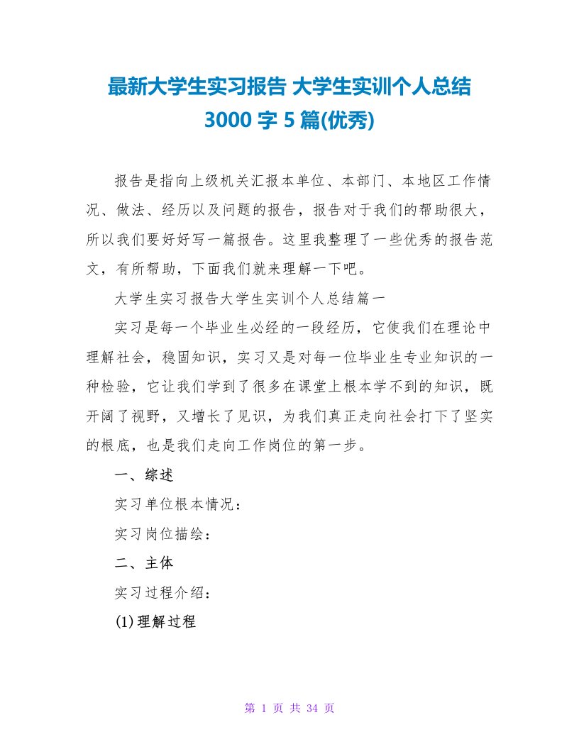 大学生实习报告大学生实训个人总结3000字5篇(优秀)