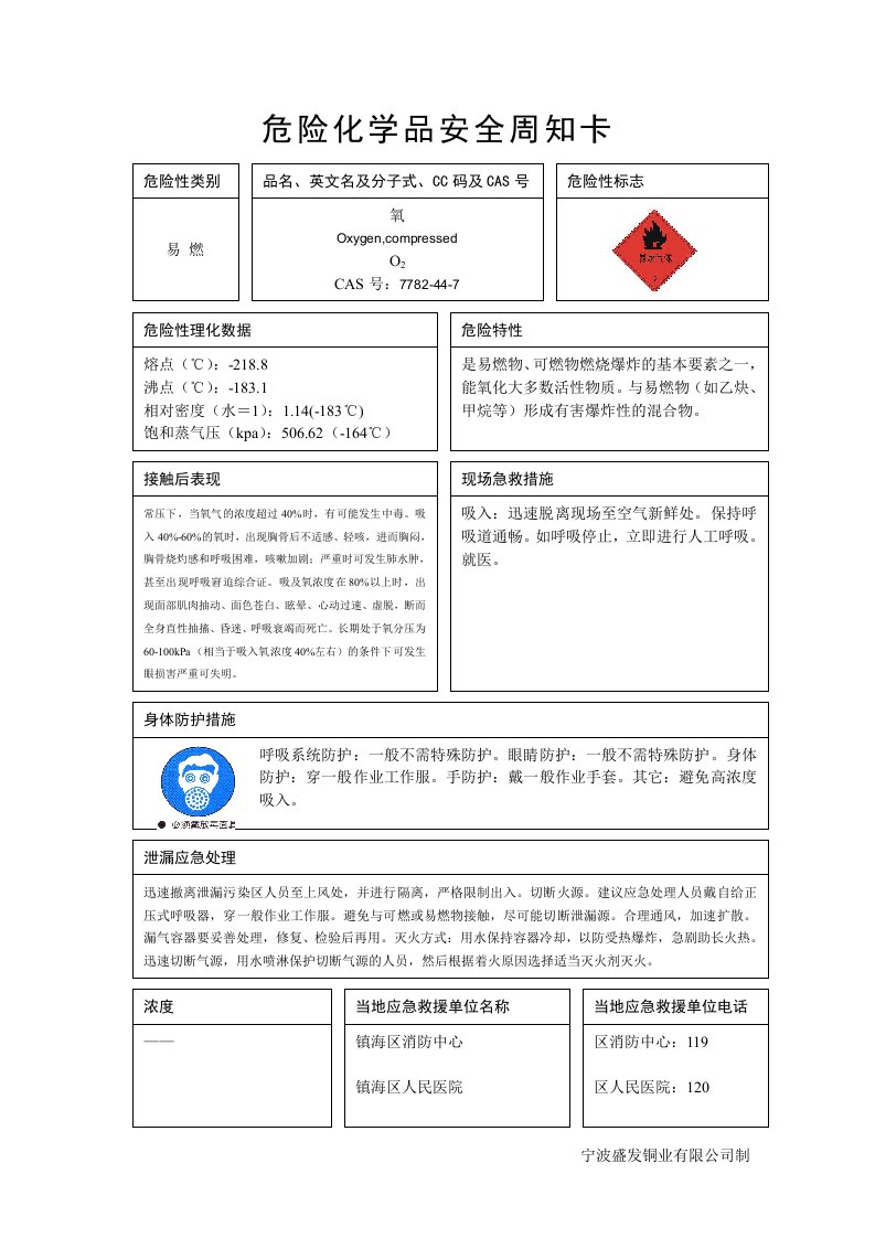 危险化学品安全周知卡氧气