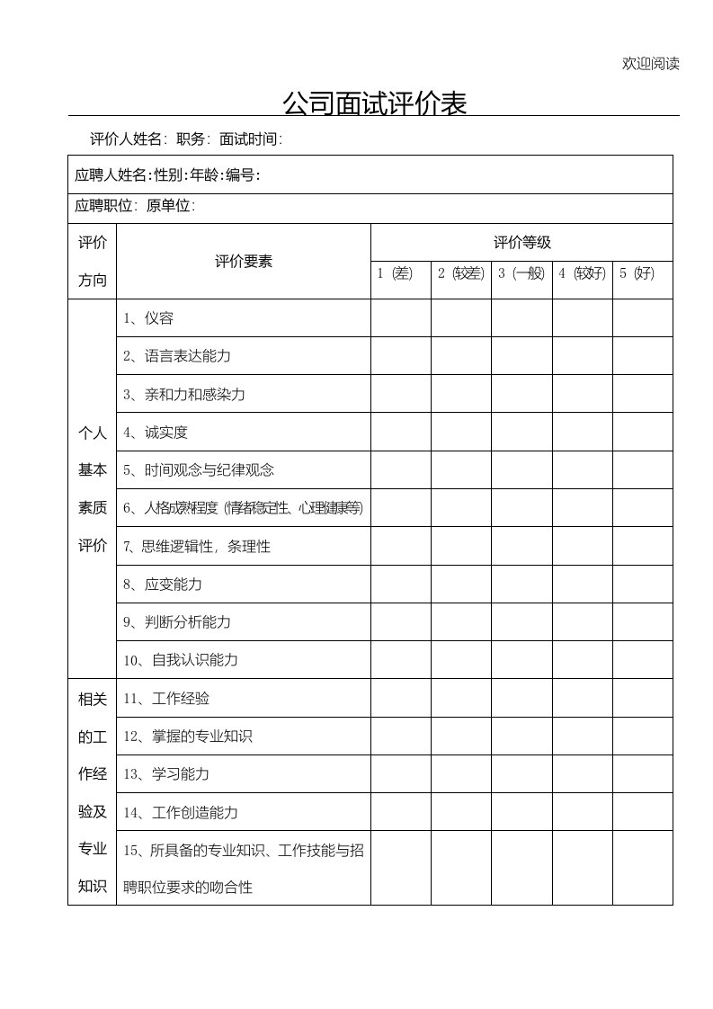 公司面试评价表格模板