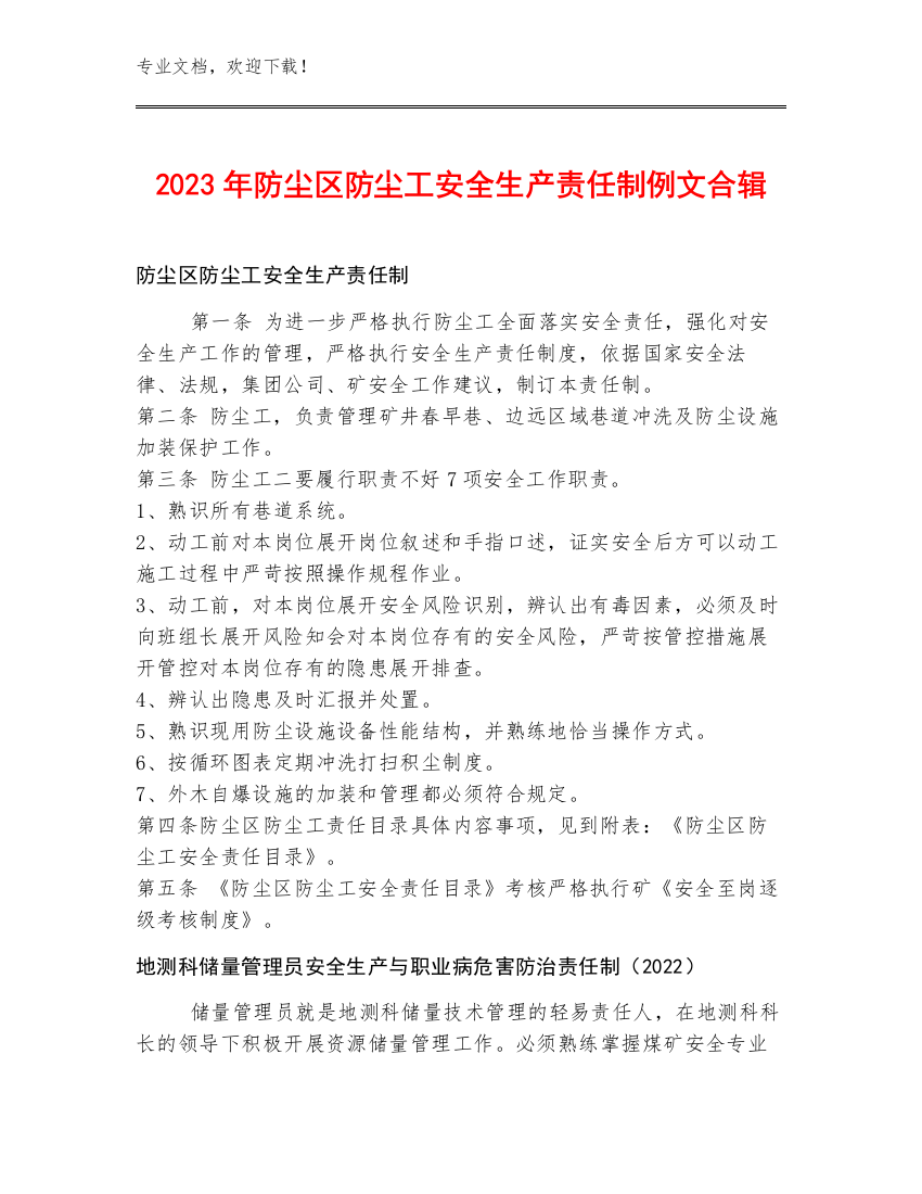 2023年防尘区防尘工安全生产责任制例文合辑