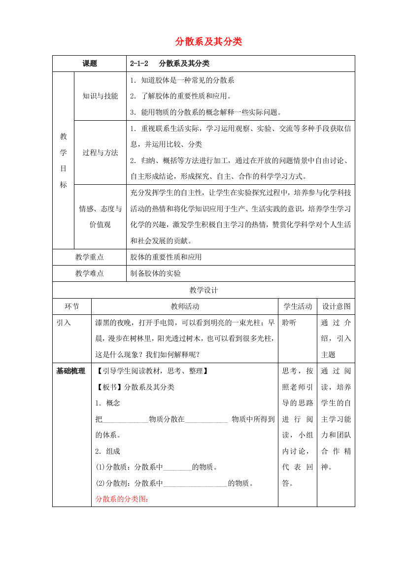 高一化学-212-分散系及其分类教学设计