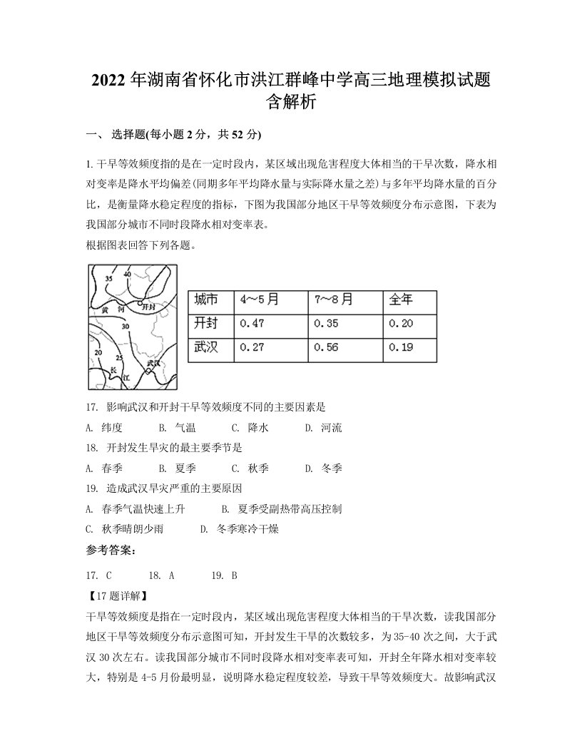 2022年湖南省怀化市洪江群峰中学高三地理模拟试题含解析