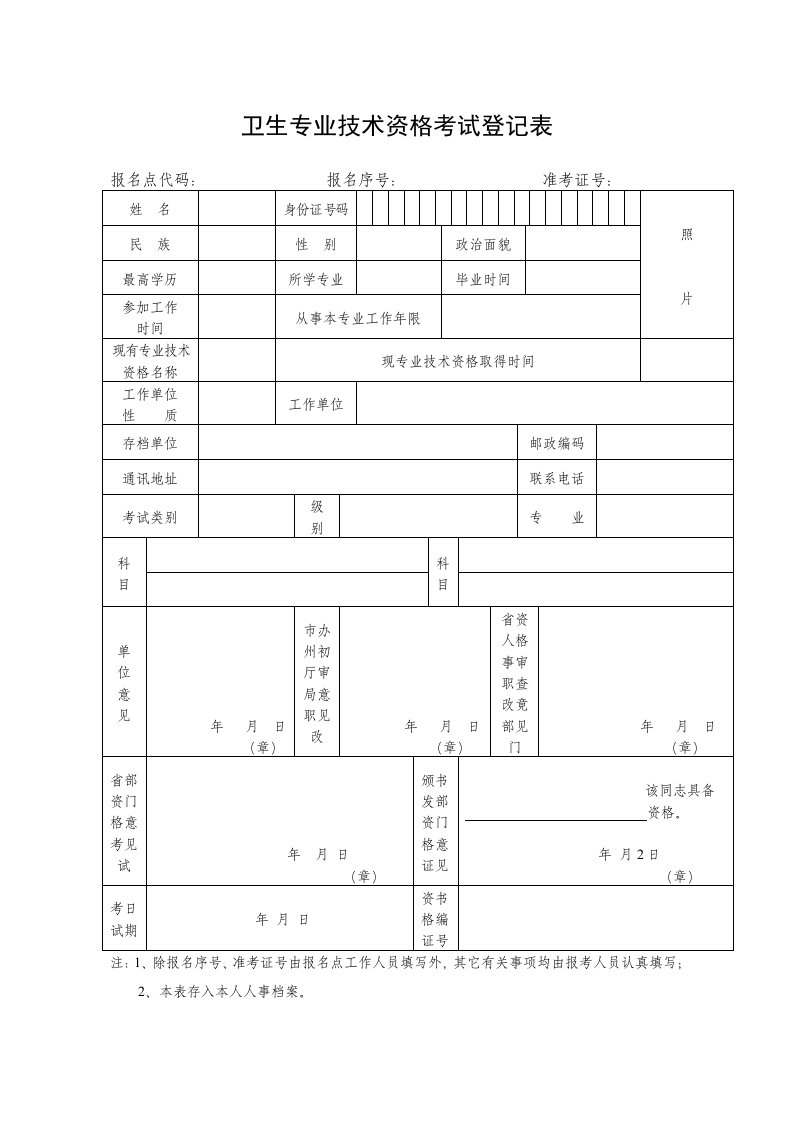 卫生专业技术资格考试登记表