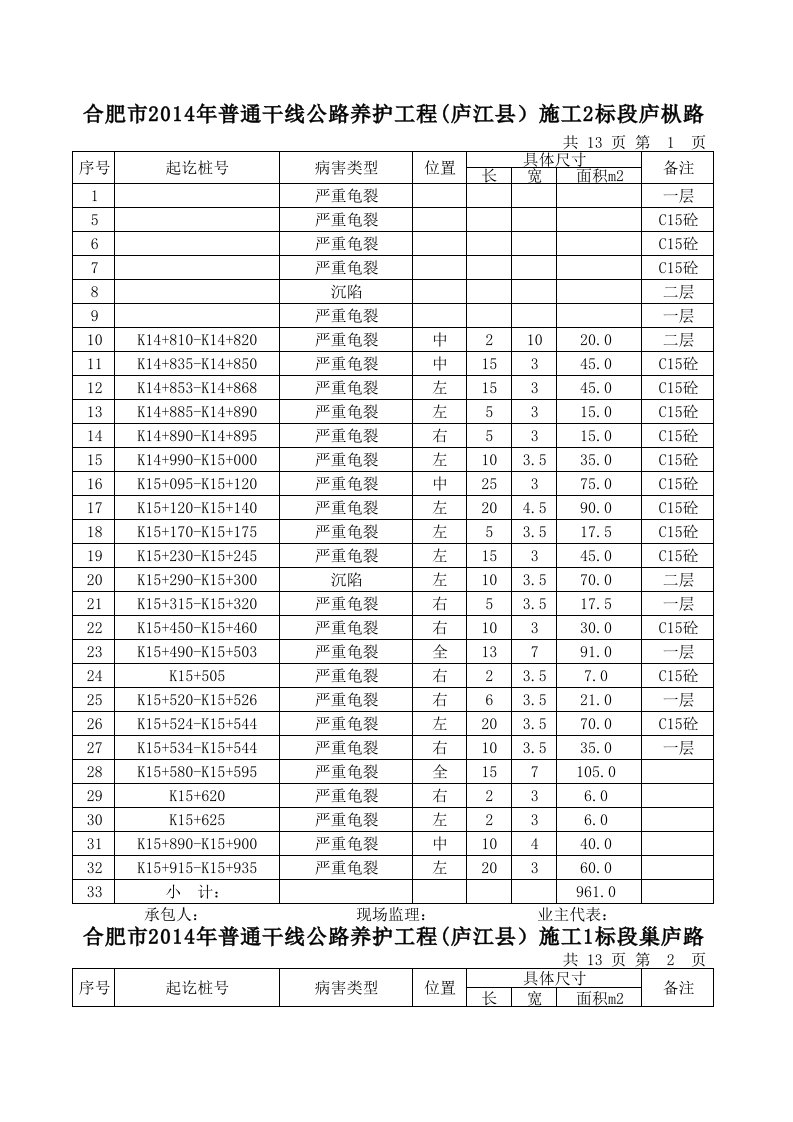 路面病害调查表