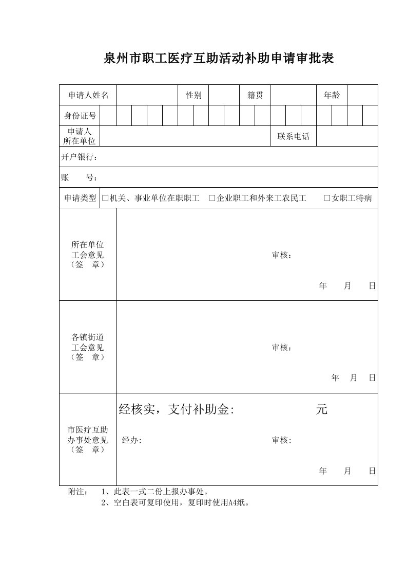 泉州市职工医疗互助活动补助申请审批表