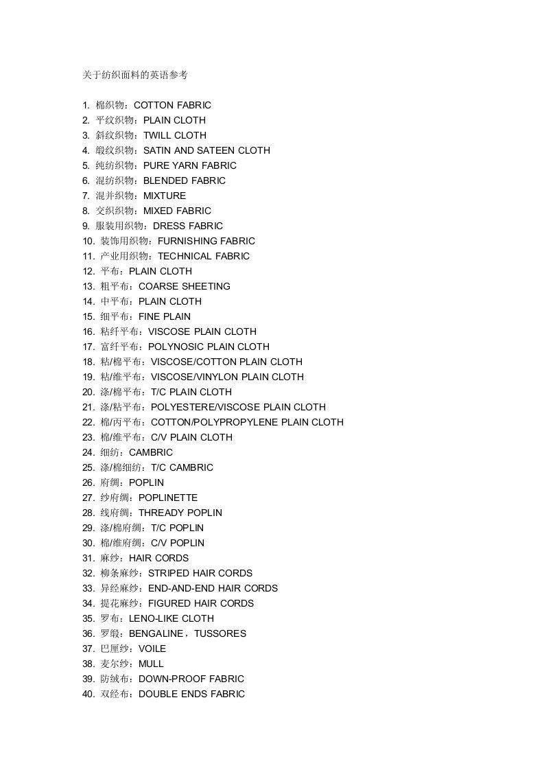 纺织面料名称的英文参考