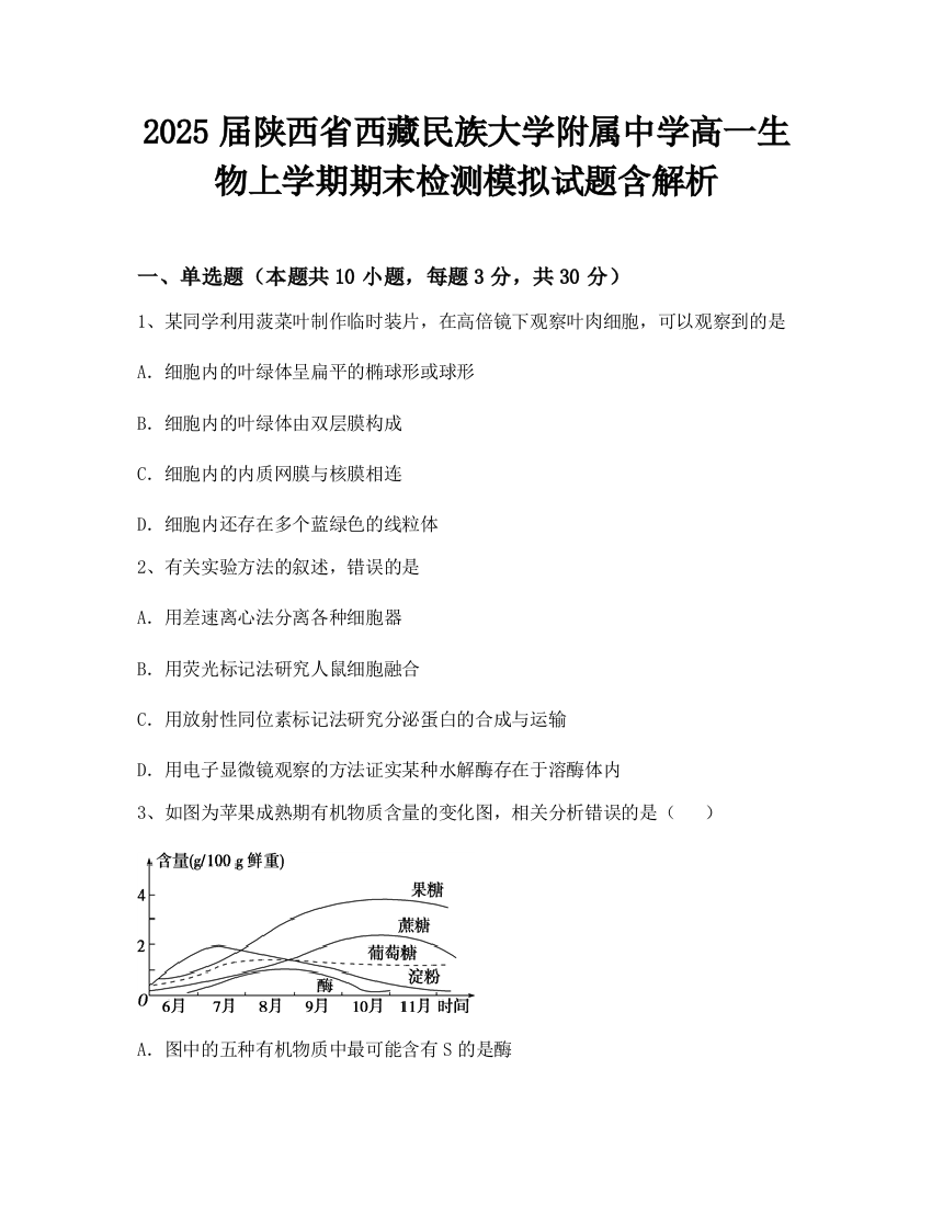 2025届陕西省西藏民族大学附属中学高一生物上学期期末检测模拟试题含解析