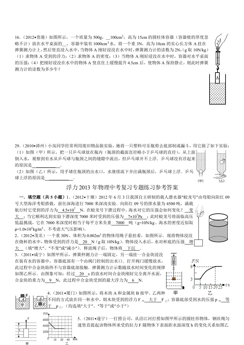 浮力2013年物理中考复习专题练习(最近三年中考题精选_有答案)