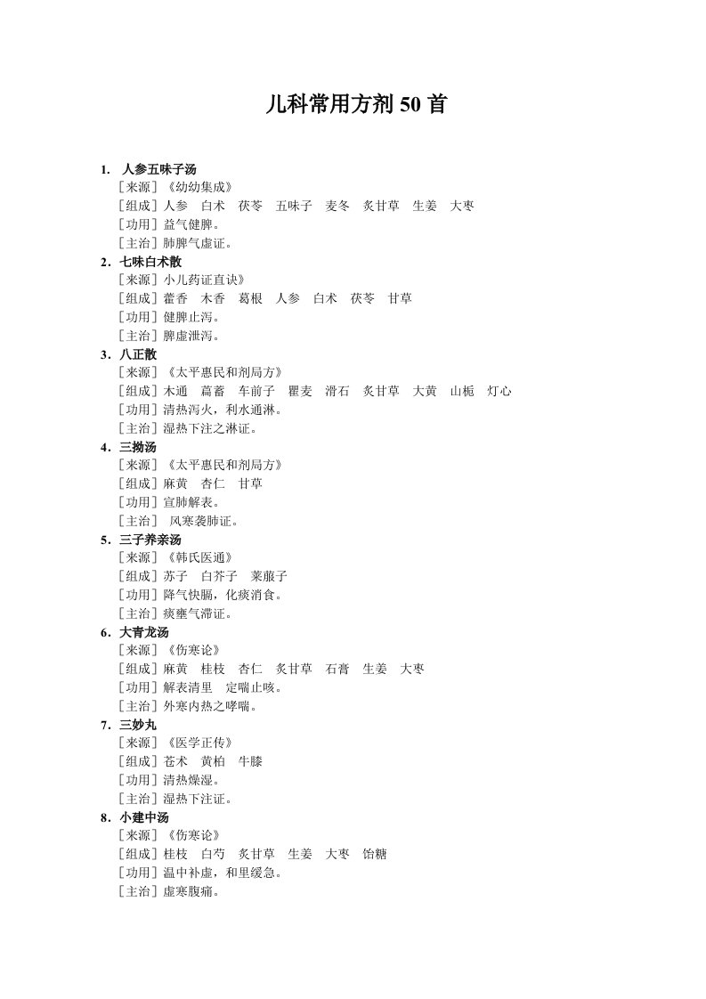 儿科常用方剂50首方剂