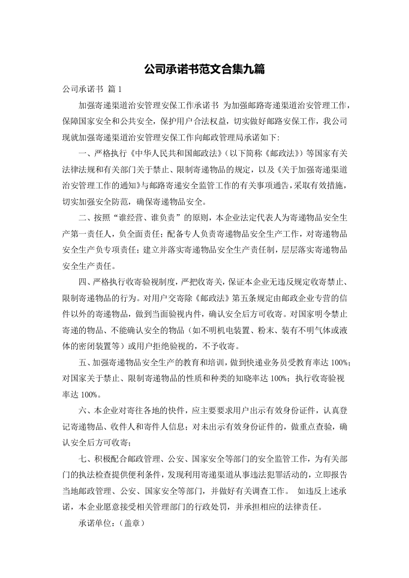 公司承诺书范文合集九篇