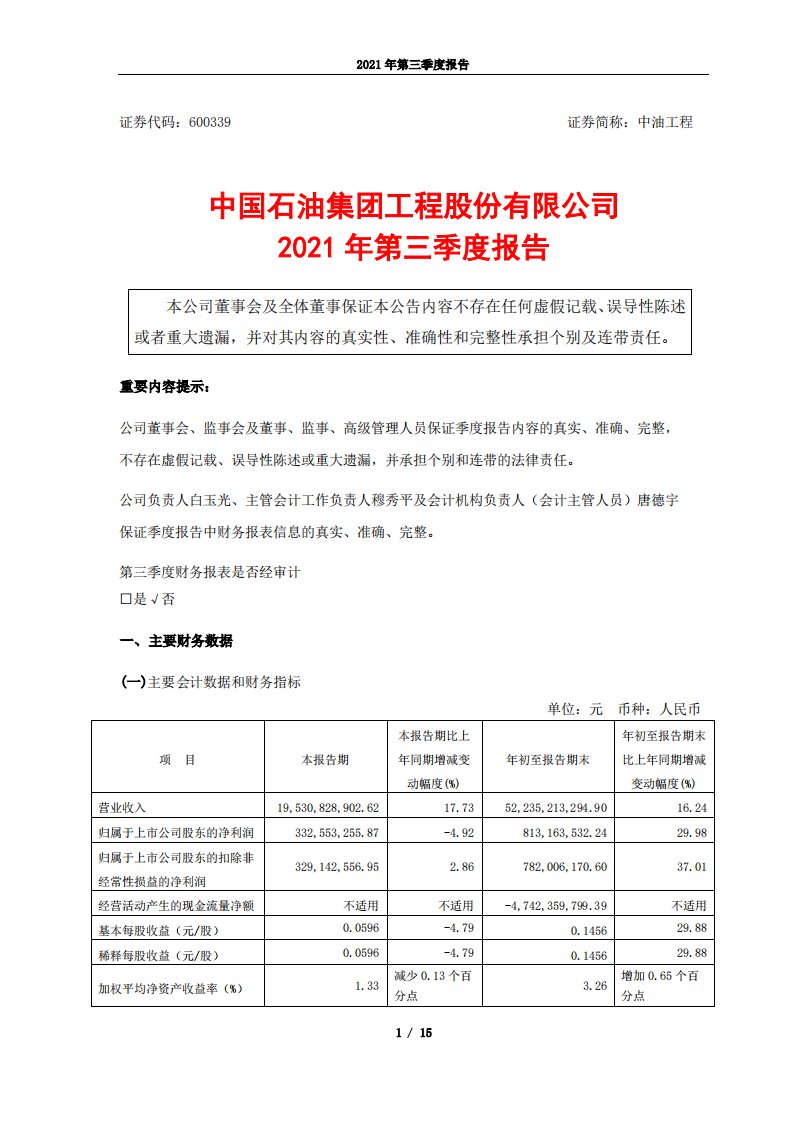 上交所-中油工程2021年第三季度报告-20211029