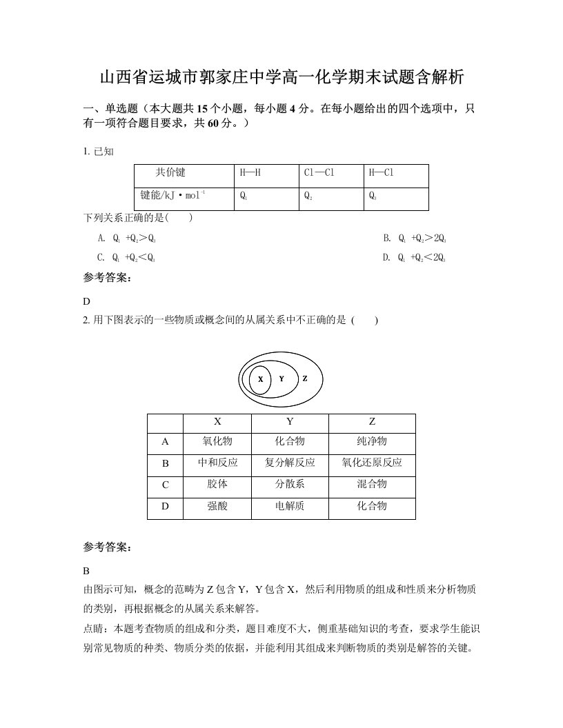 山西省运城市郭家庄中学高一化学期末试题含解析