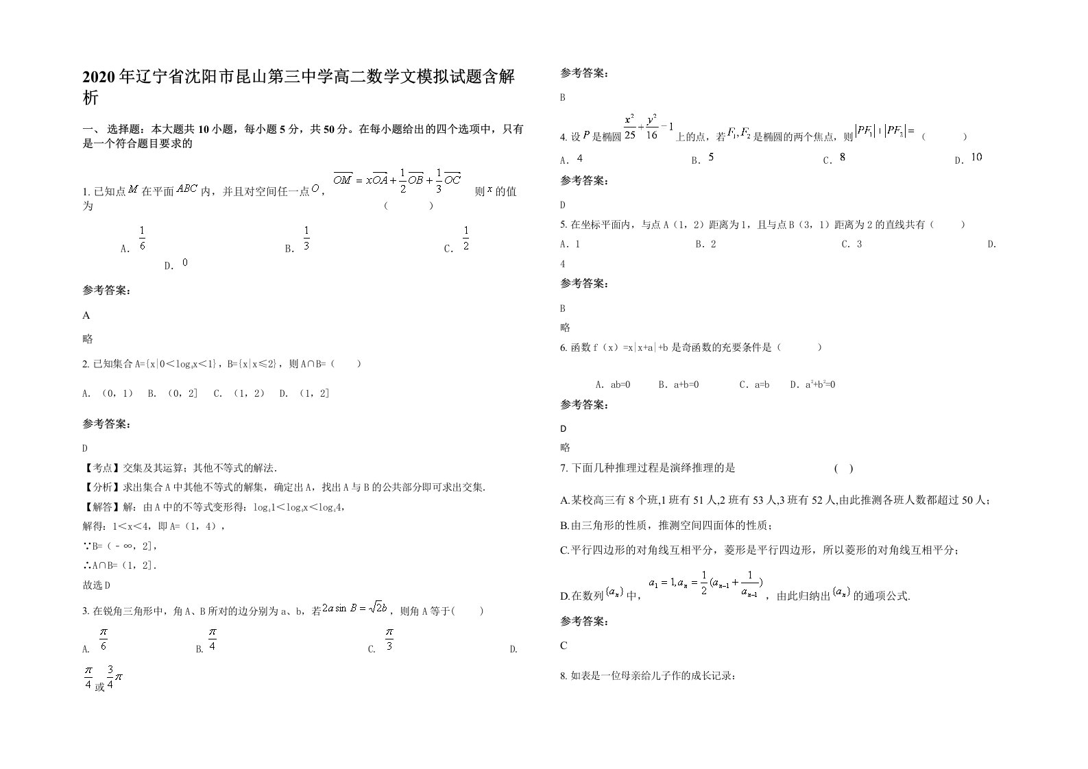 2020年辽宁省沈阳市昆山第三中学高二数学文模拟试题含解析