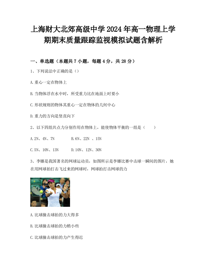 上海财大北郊高级中学2024年高一物理上学期期末质量跟踪监视模拟试题含解析