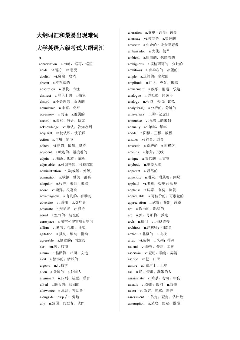大学英语六级考试大纲词汇和最易出现难词