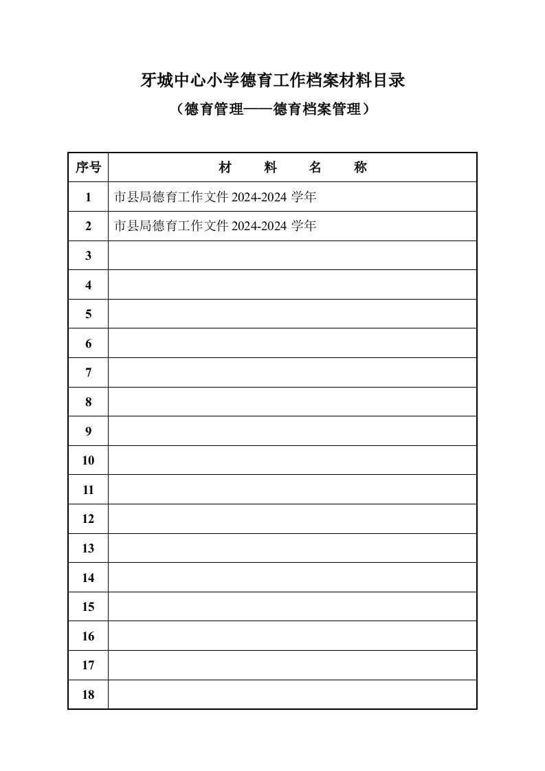 中心小学德育工作档案材料目录