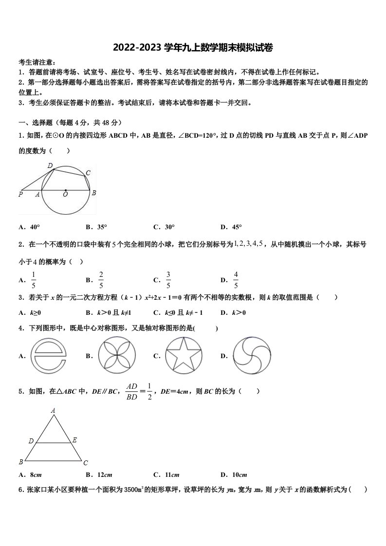 2022-2023学年宁夏石嘴山市平罗县数学九年级第一学期期末检测试题含解析