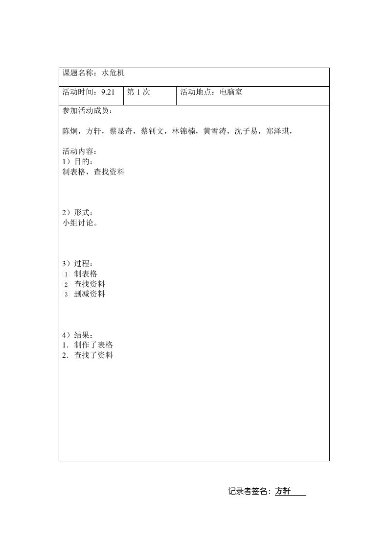 研究性学习：水危机·课题活动情况记录表