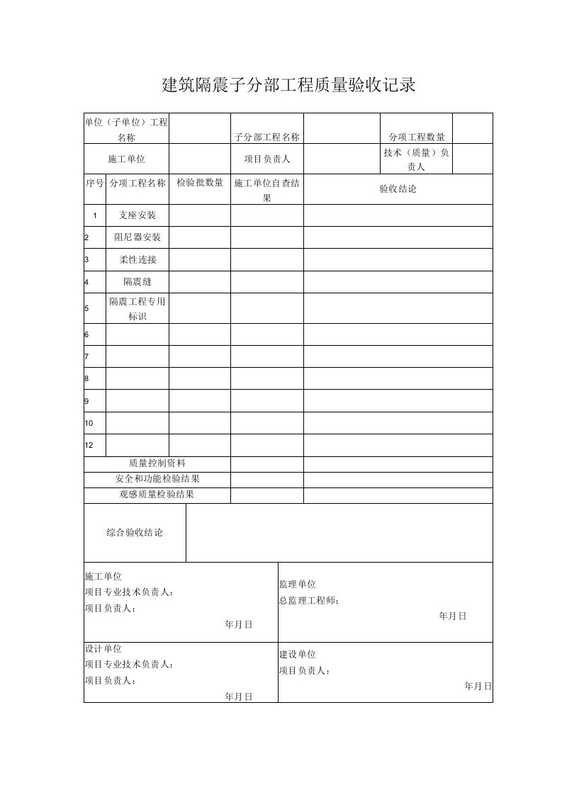 建筑隔震子分部工程质量验收记录