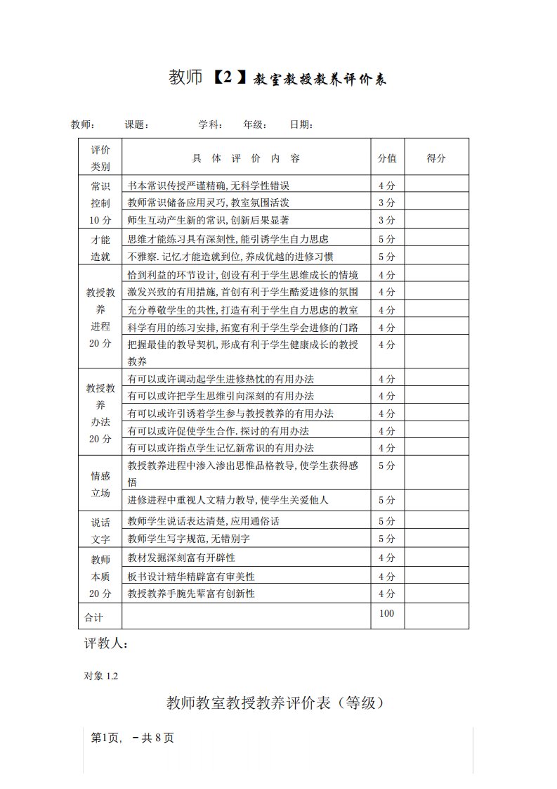 教师课堂教学评价表(量表)