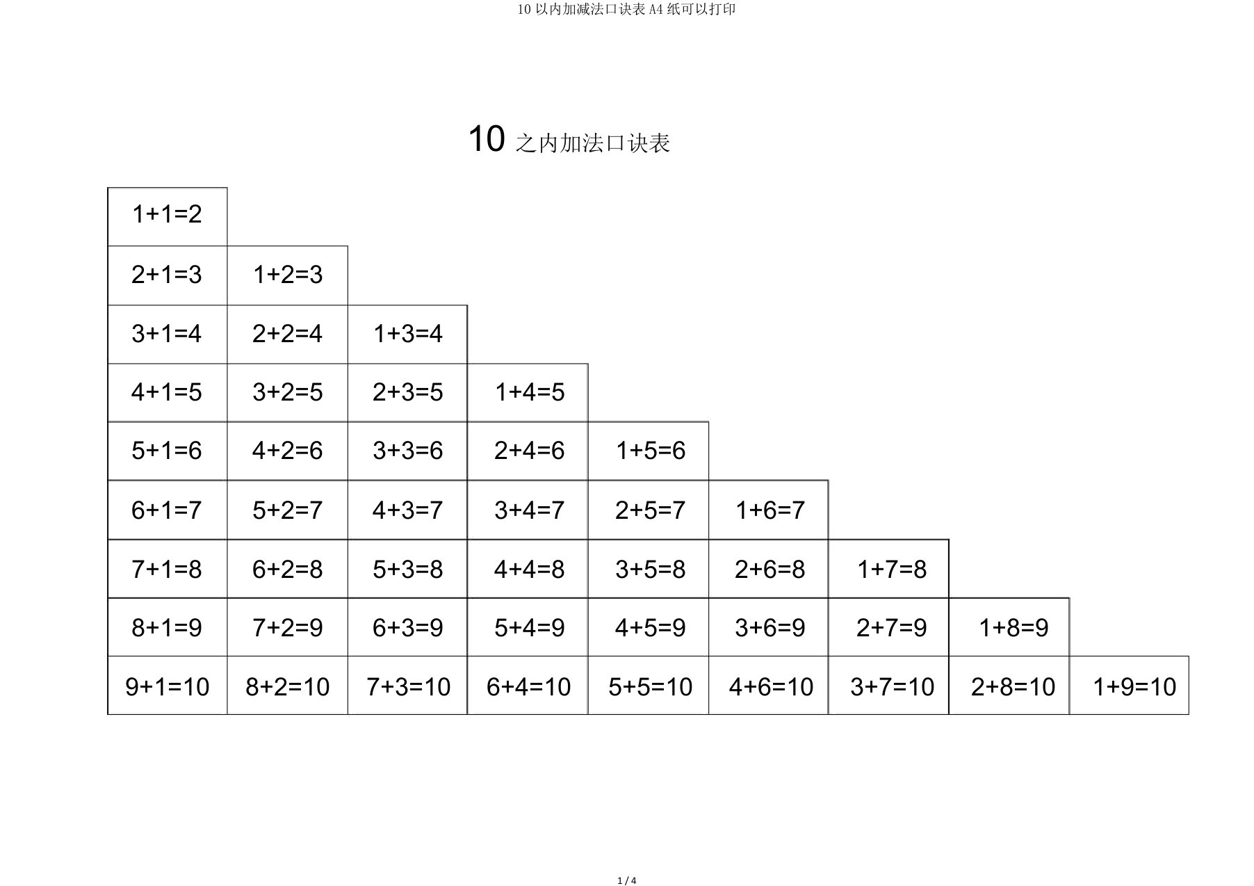 10以内加减法口诀表A4纸可以打印