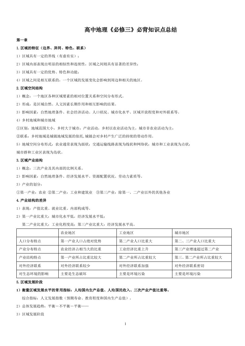 湘教版高中地理必修三必背知识点