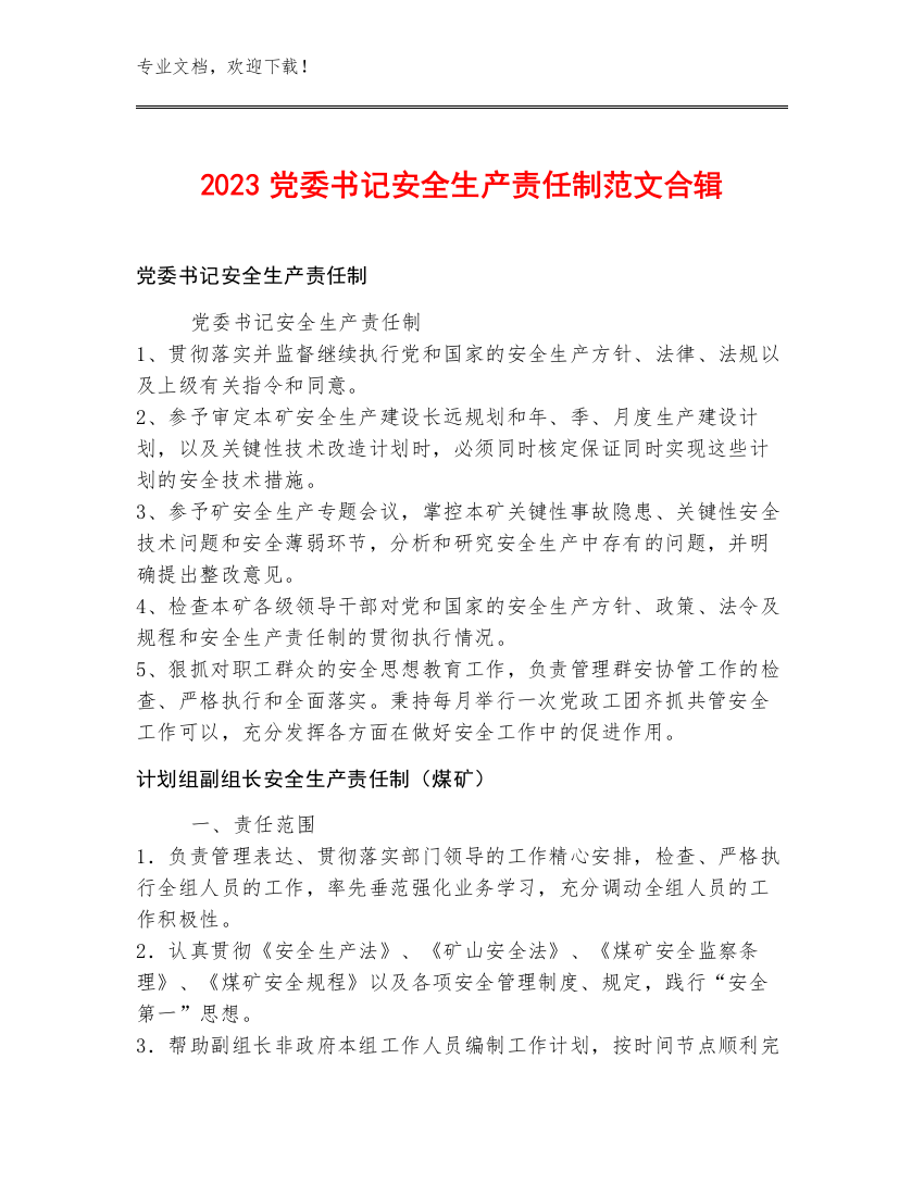 2023党委书记安全生产责任制范文合辑