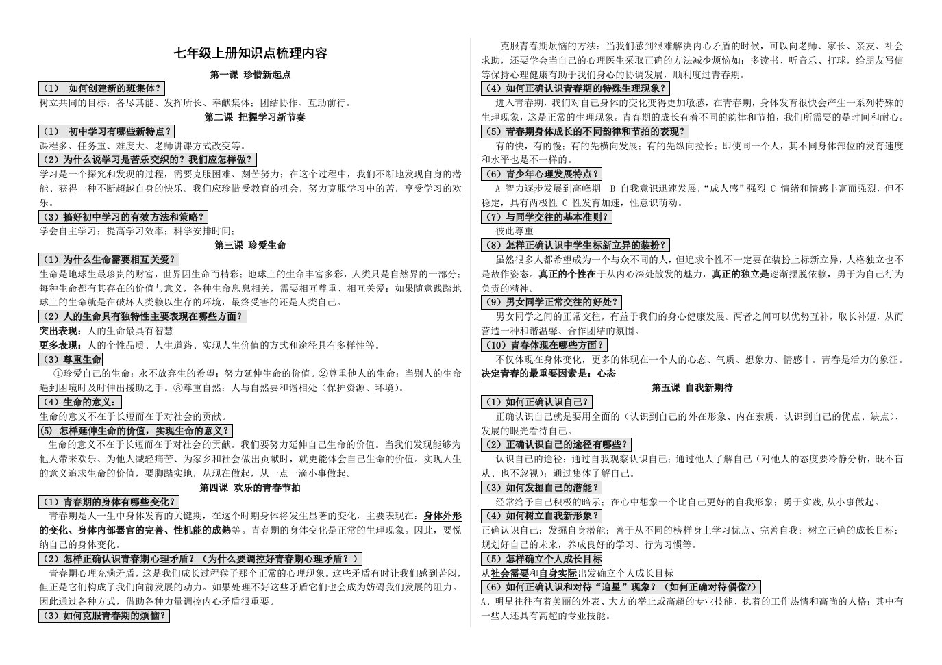 七年级上册知识点梳理内容