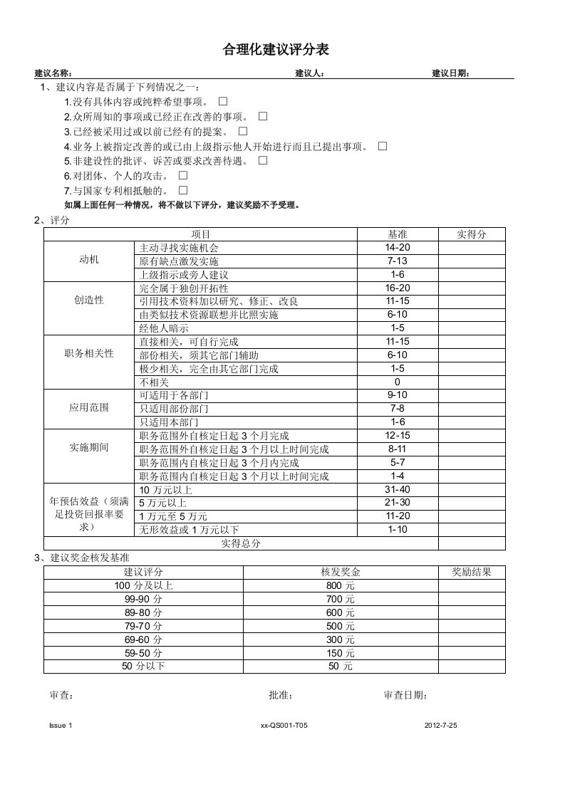 合理化建议评分表