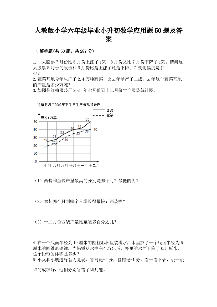 人教版小学六年级毕业小升初数学应用题50题加答案(基础题)