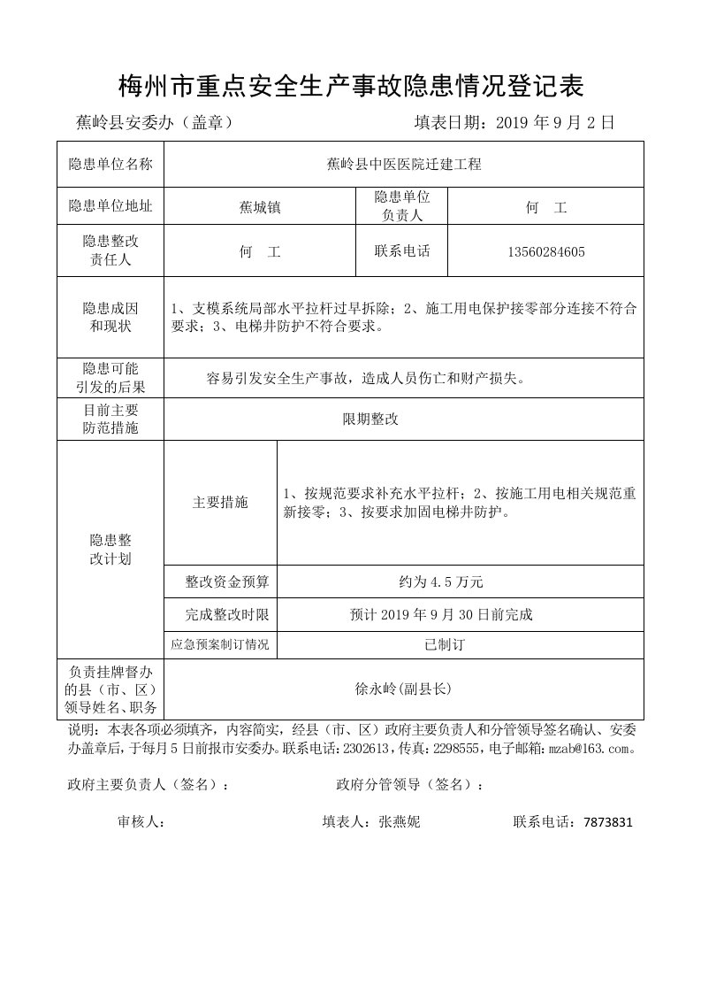 梅州重点安全生产事故隐患情况登记表