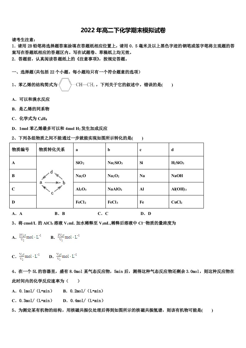 云南省昭通市水富市云天化中学2021-2022学年化学高二第二学期期末学业质量监测试题含解析