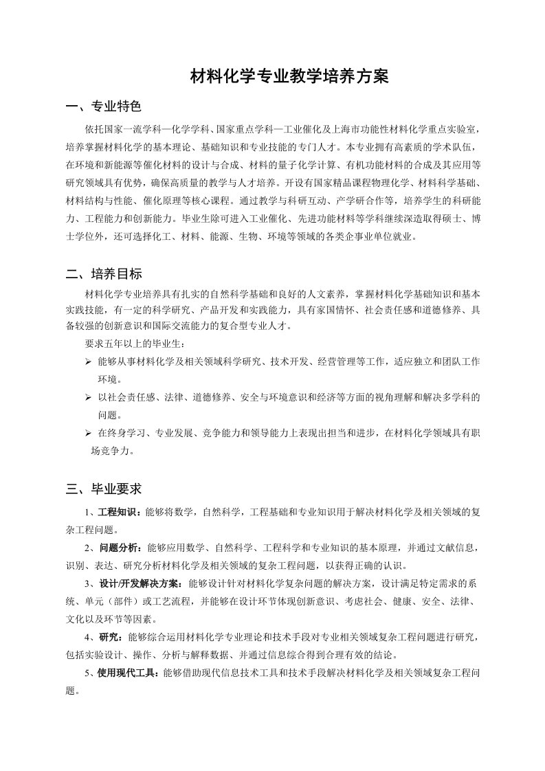 材料化学专业教学培养方案