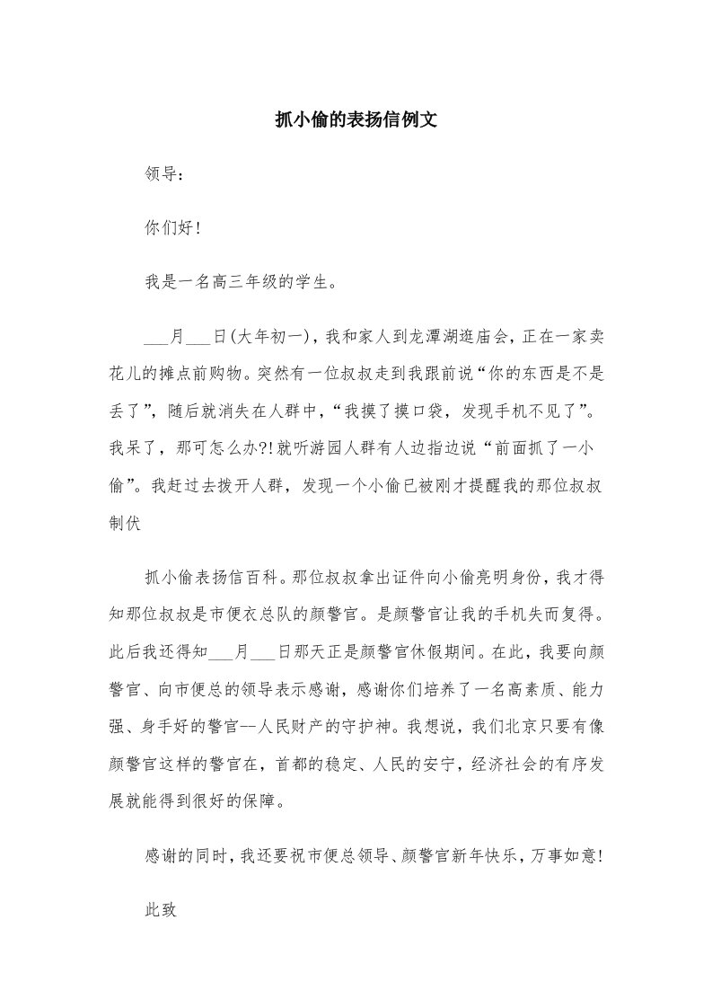 抓小偷的表扬信例文