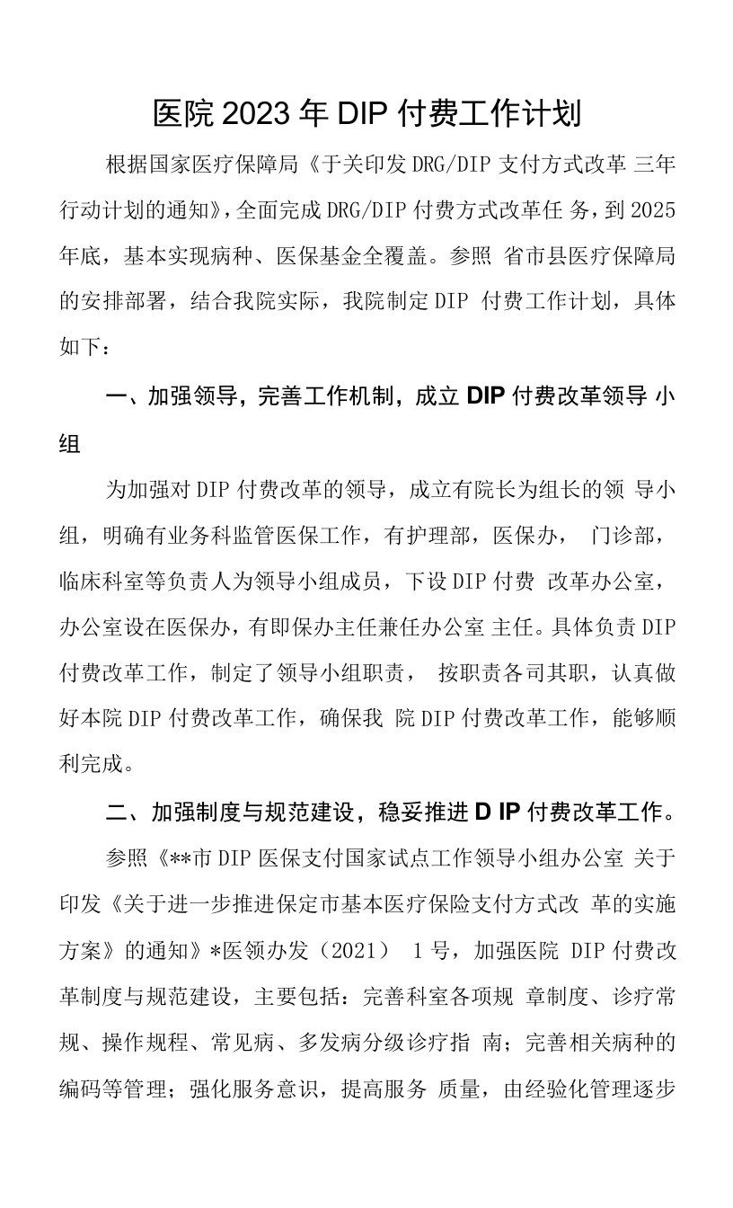 医院2023年DIP付费工作计划