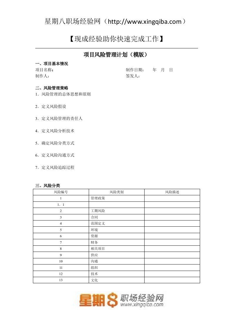 项目经理-项目风险管理计划模板