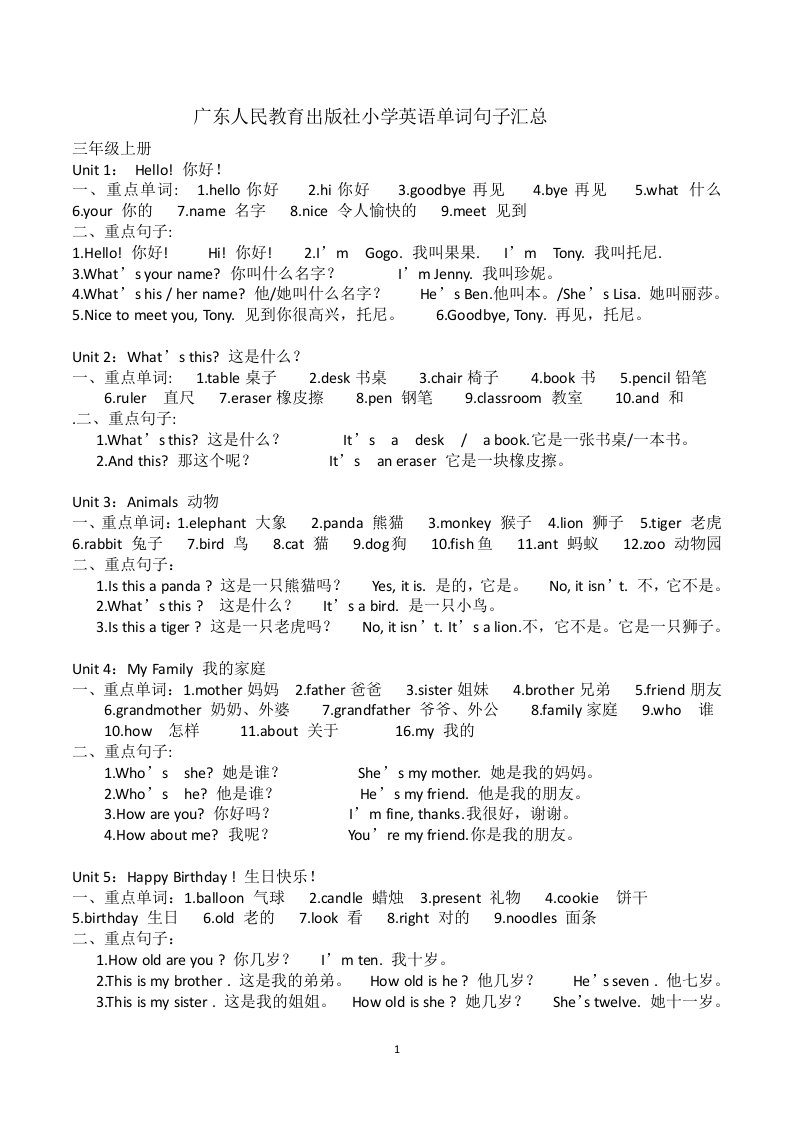 广东人民教育出版社小学英语单词句子汇总