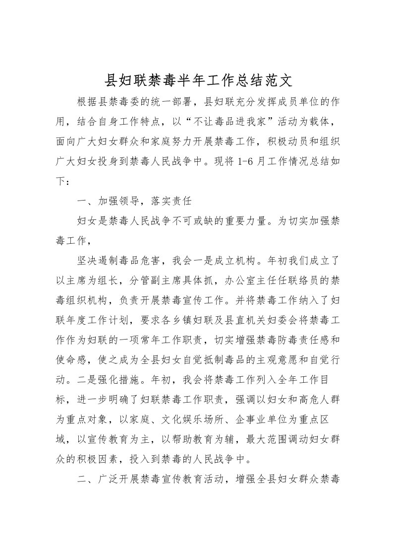 2022县妇联禁毒半年工作总结范文