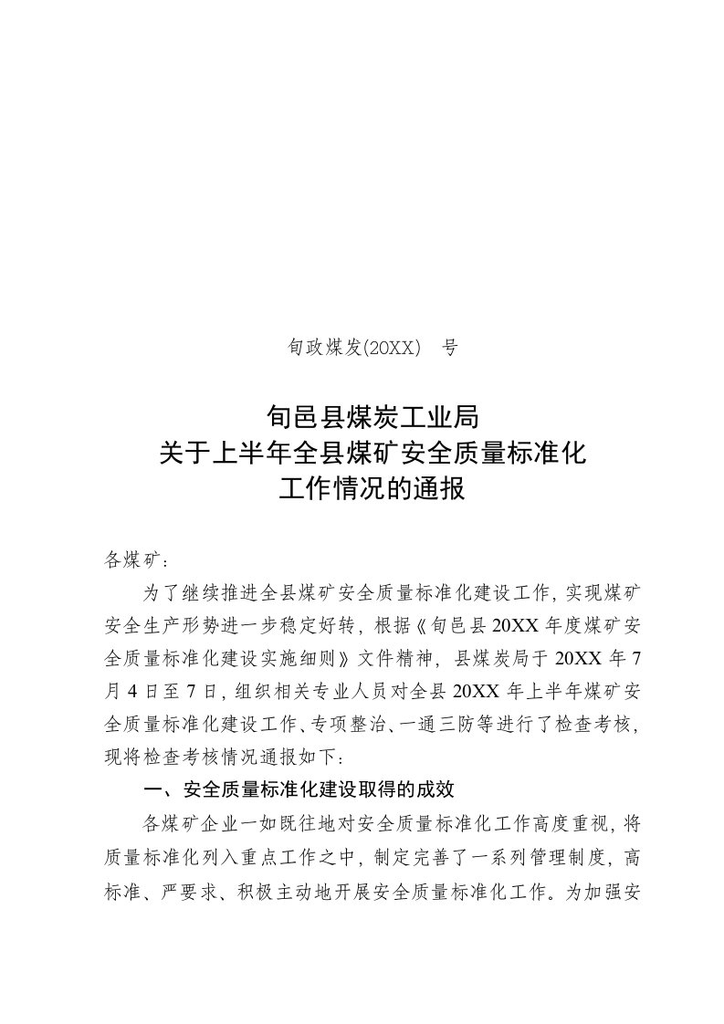 冶金行业-上半年全县煤矿安全质量标准化检查通报