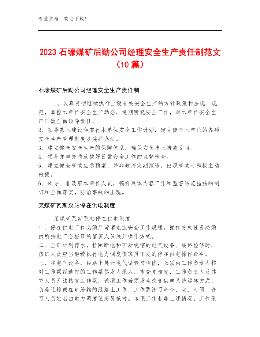 2023石壕煤矿后勤公司经理安全生产责任制范文（10篇）