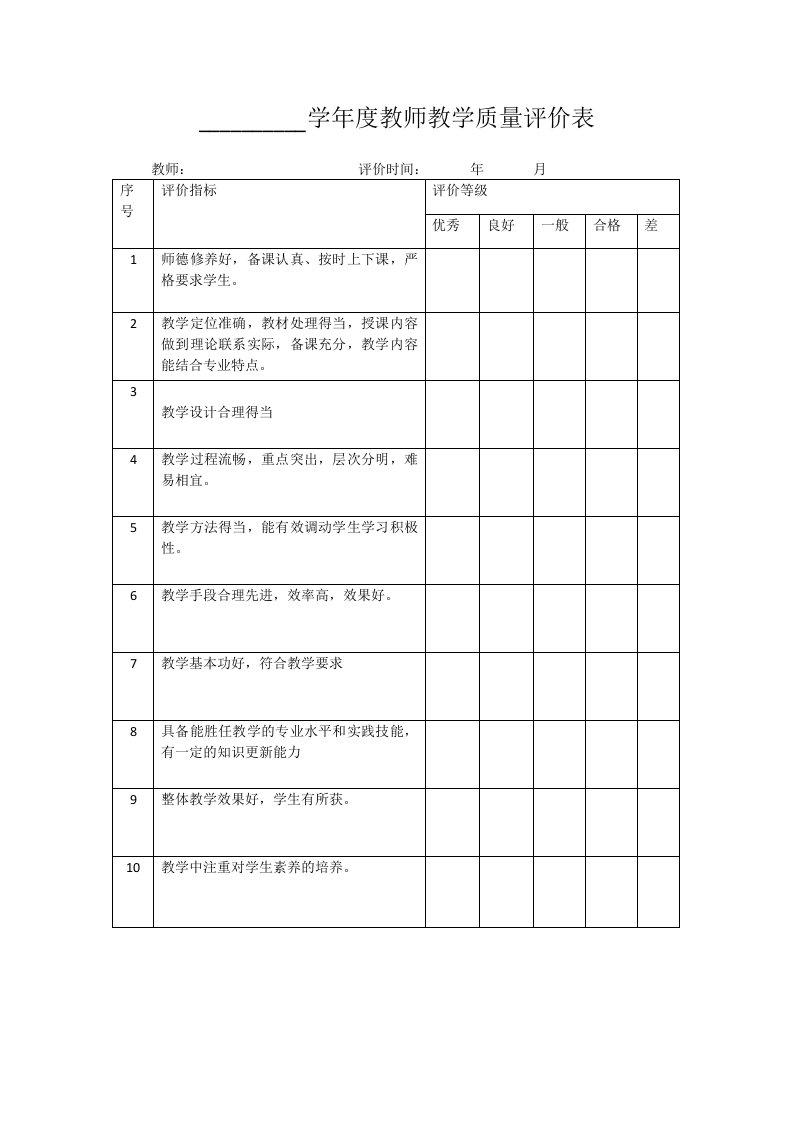 学年度教师教学质量评价表