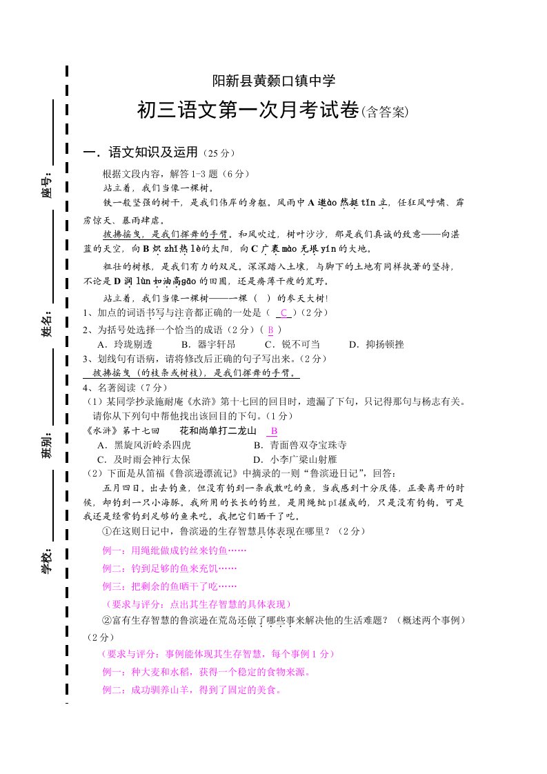 阳新县黄颡口镇中学九年级下学期语文月考试卷(含答案)