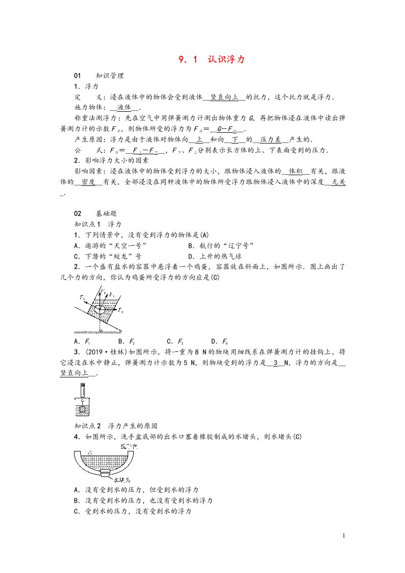 2020春八年级物理下册第九章浮力与升力分层精炼粤教沪版